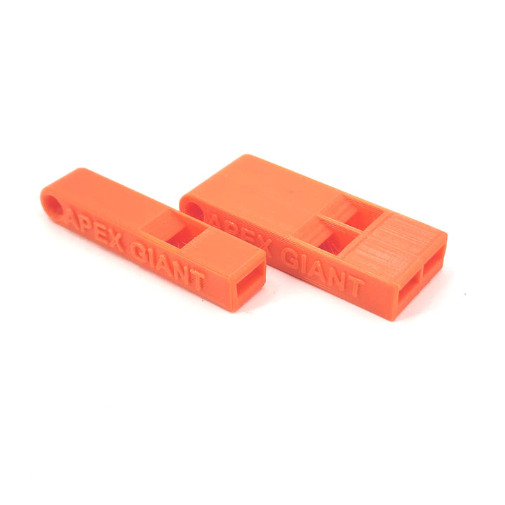 Orange plastic emergency whistle set, molded with APEX GIANT text