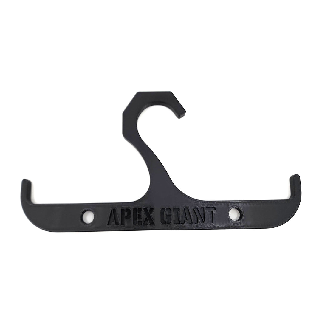 Black backpack hanger with two curved hooks and metal mounting holes