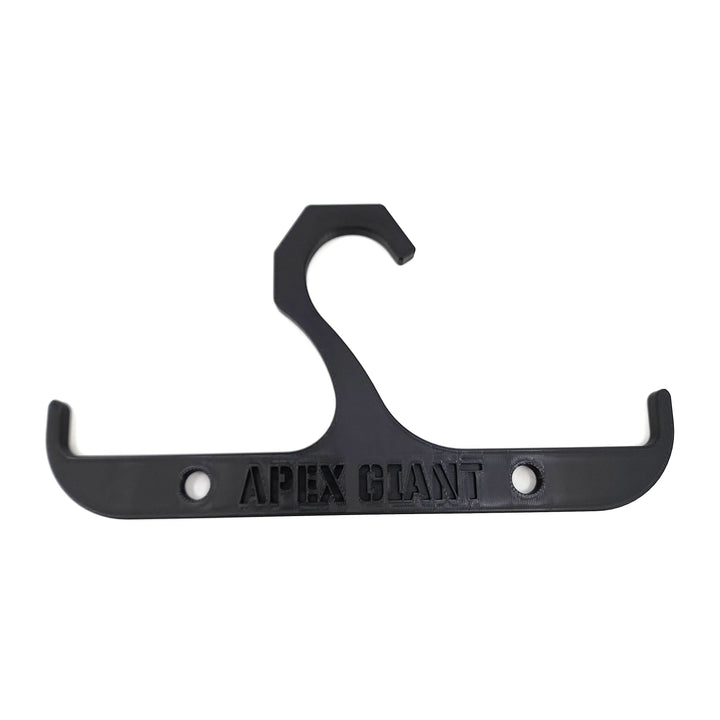 Black backpack hanger with two curved hooks and metal mounting holes