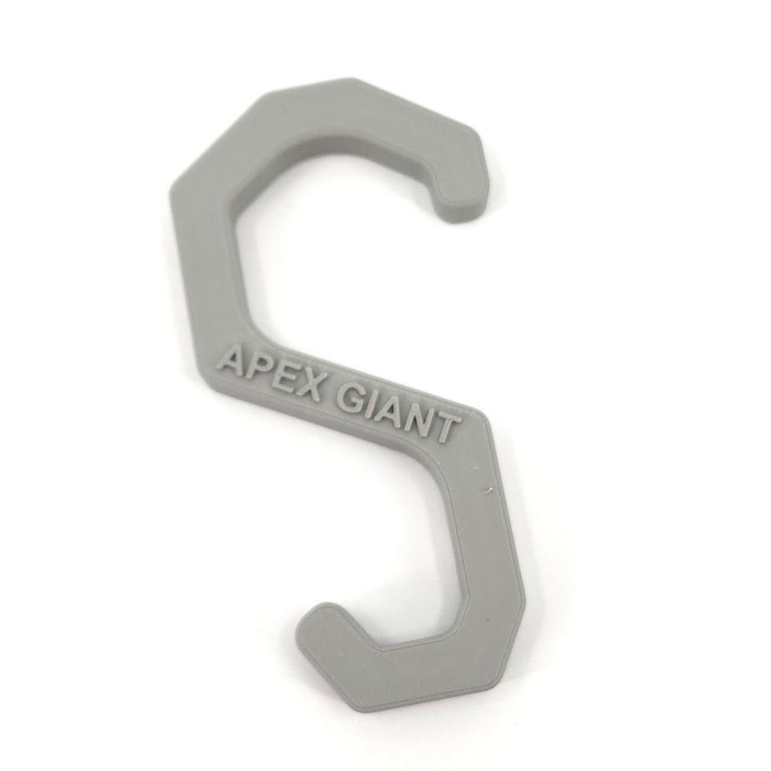 Gray plastic gear hanger hook with rounded top and &