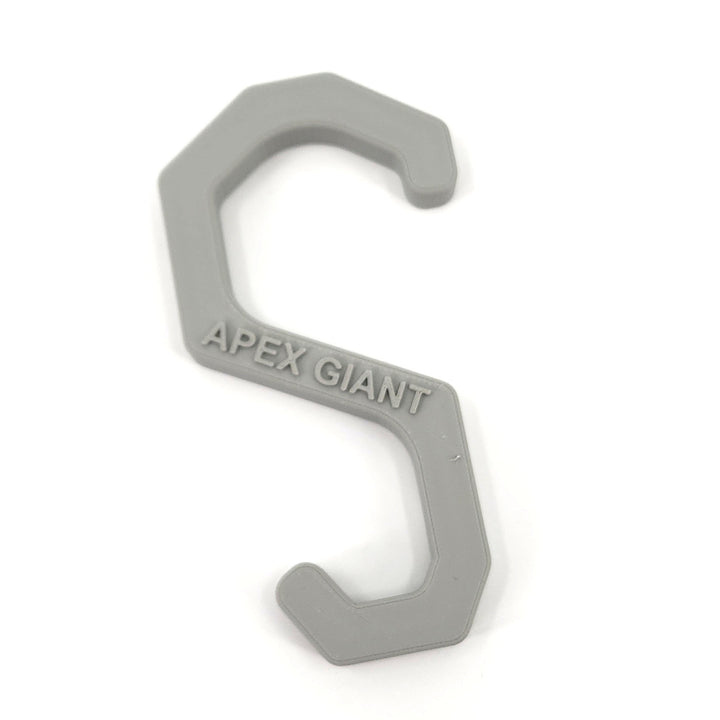 Gray plastic gear hanger hook with rounded top and &