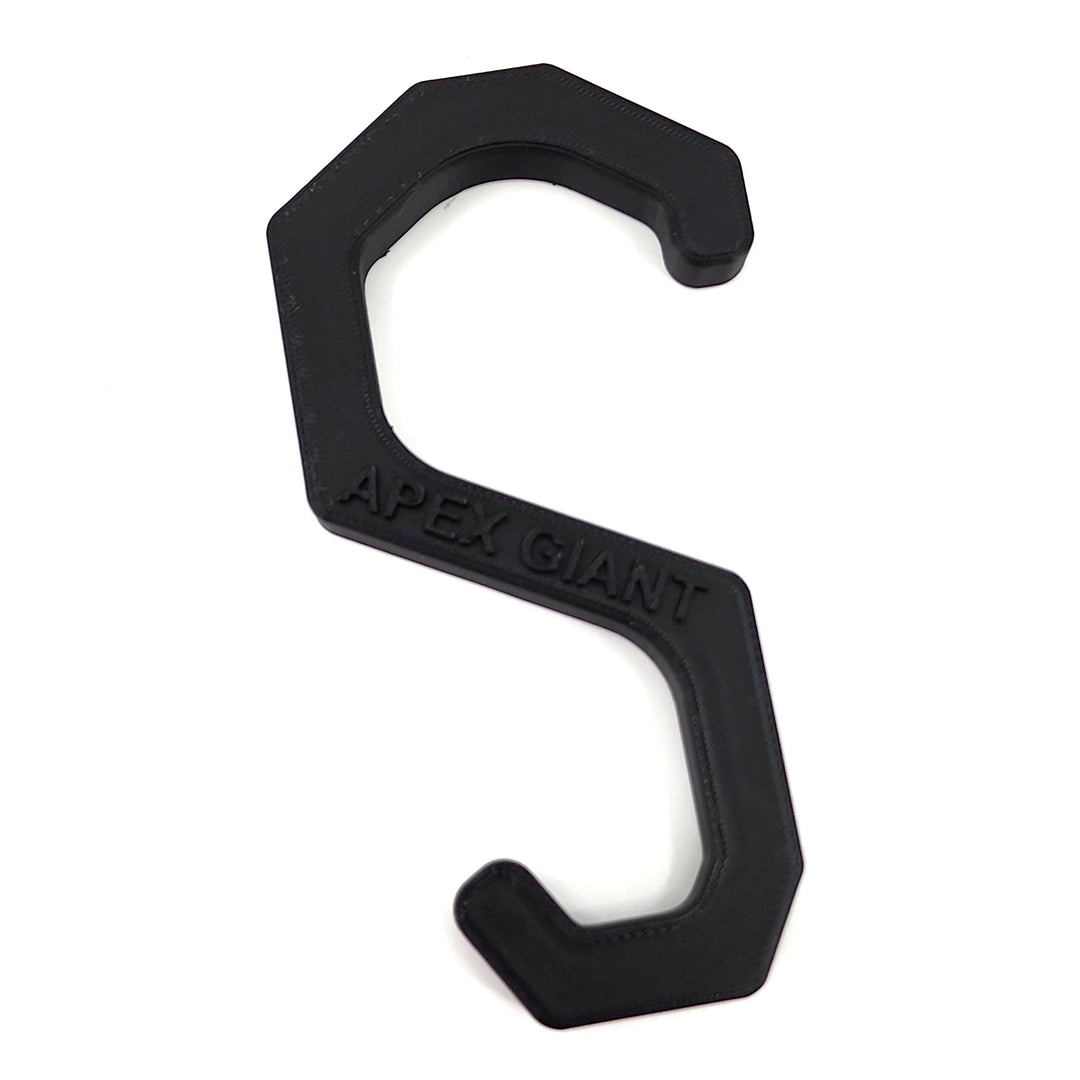 Black plastic gear hanger hook with rounded top and &