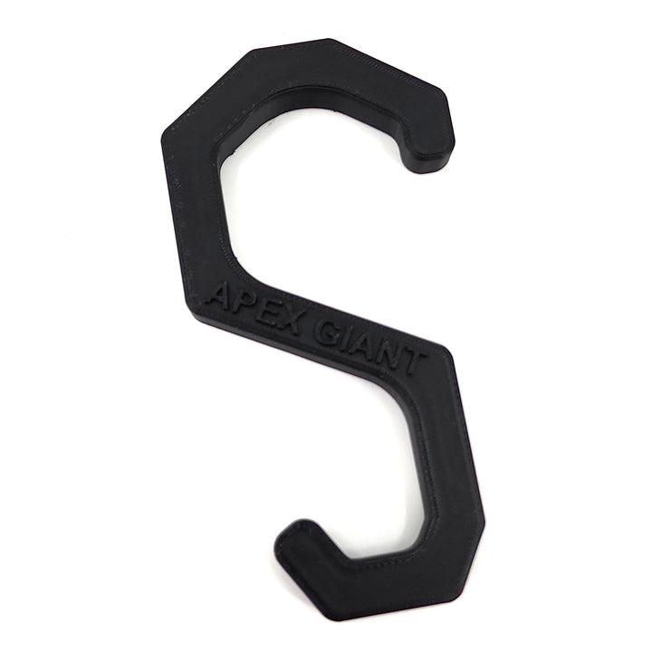Black plastic gear hanger hook with rounded top and &