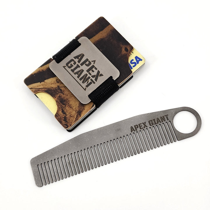 Titanium pocket comb with ring handle, fine teeth, and camo pouch bundle