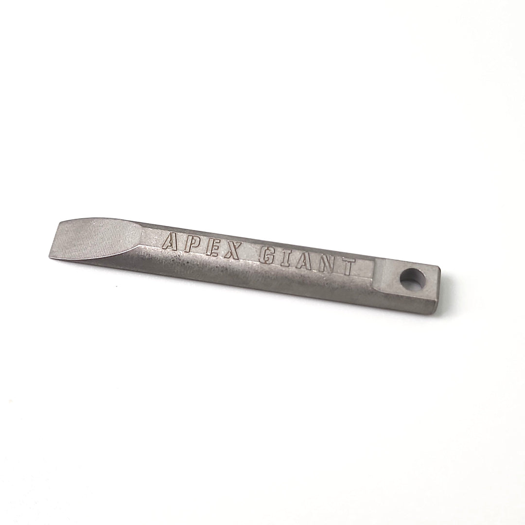 Titanium keychain pry bar with Apex Giant branding and flat pry end, keyring hole
