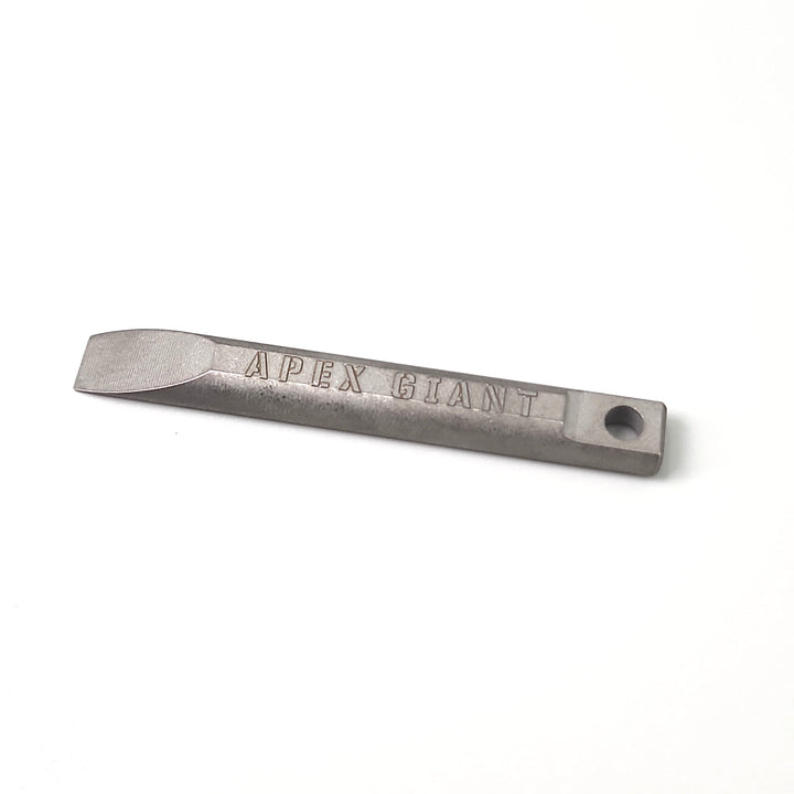 Titanium keychain pry bar with Apex Giant branding and flat pry end, keyring hole