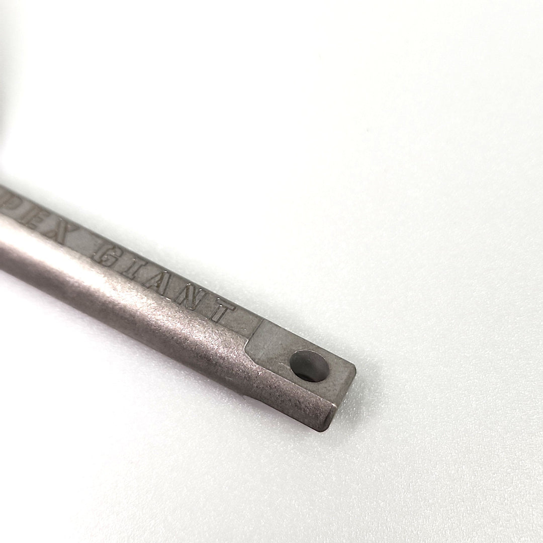 Titanium pry bar keychain end with circular hole and Apex Giant logo embossing