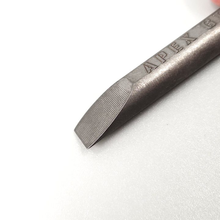 Titanium pry tip with textured grip panel and engraved Apex Giant lettering