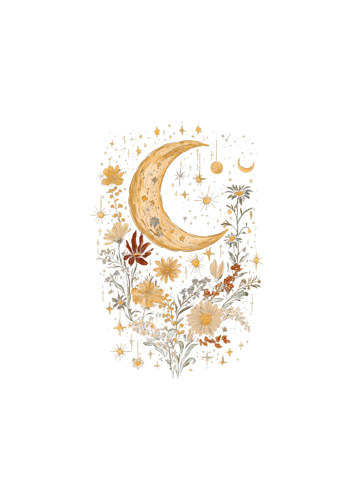 Gold crescent moon boho floral graphic print