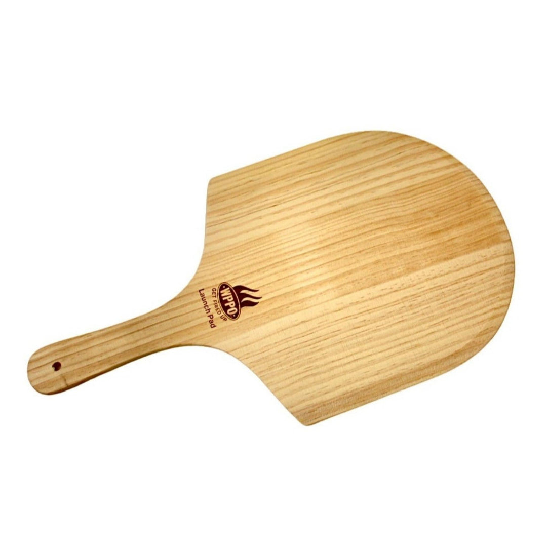 Wooden pizza peel with curved paddle and short handle, light wood finish