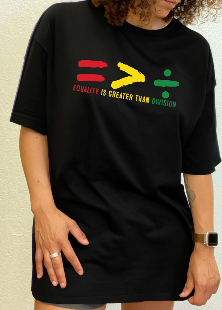 Black unisex crew-neck T-shirt with multicolor equality graphic and slogan.