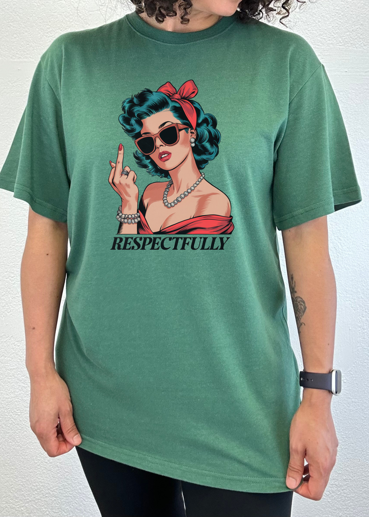 Unisex graphic T-shirt in teal green with illustrated woman and raised two-finger gesture
