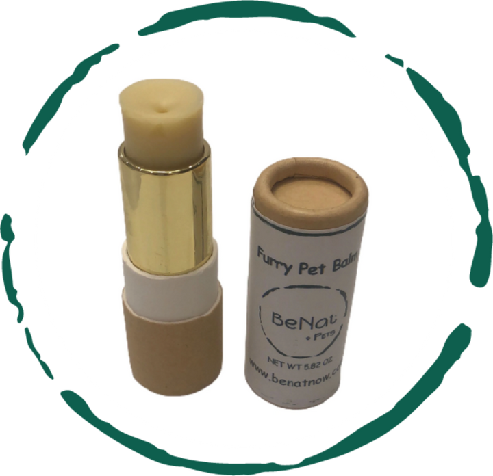 Pet balm in gold twist-up tube and small beige lid tin, labeled for pets