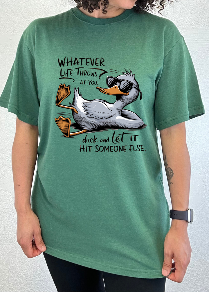 Green unisex graphic T-shirt with duck illustration and motivational text