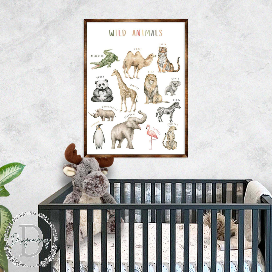 Framed wild animals poster with labeled animals, including elephant, zebra, and tiger