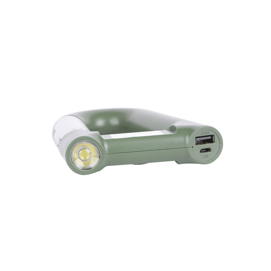 Green carabiner-shaped power bank with flashlight head and USB charging port