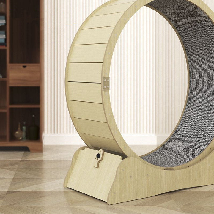 Light wood cat exercise wheel with gray sisal inner track and curved stand