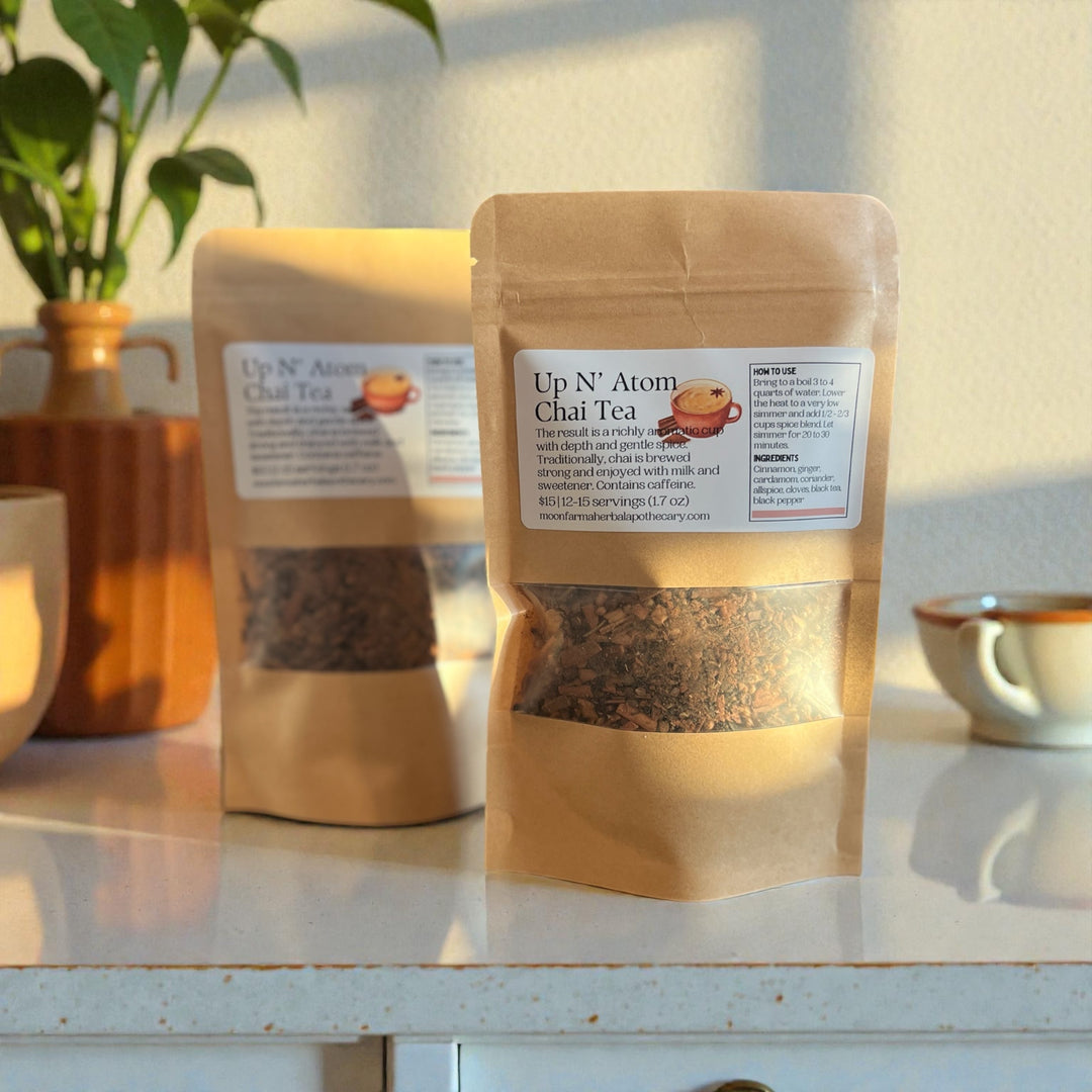 Stand-up kraft chai tea pouch with label and brown tea leaf blend