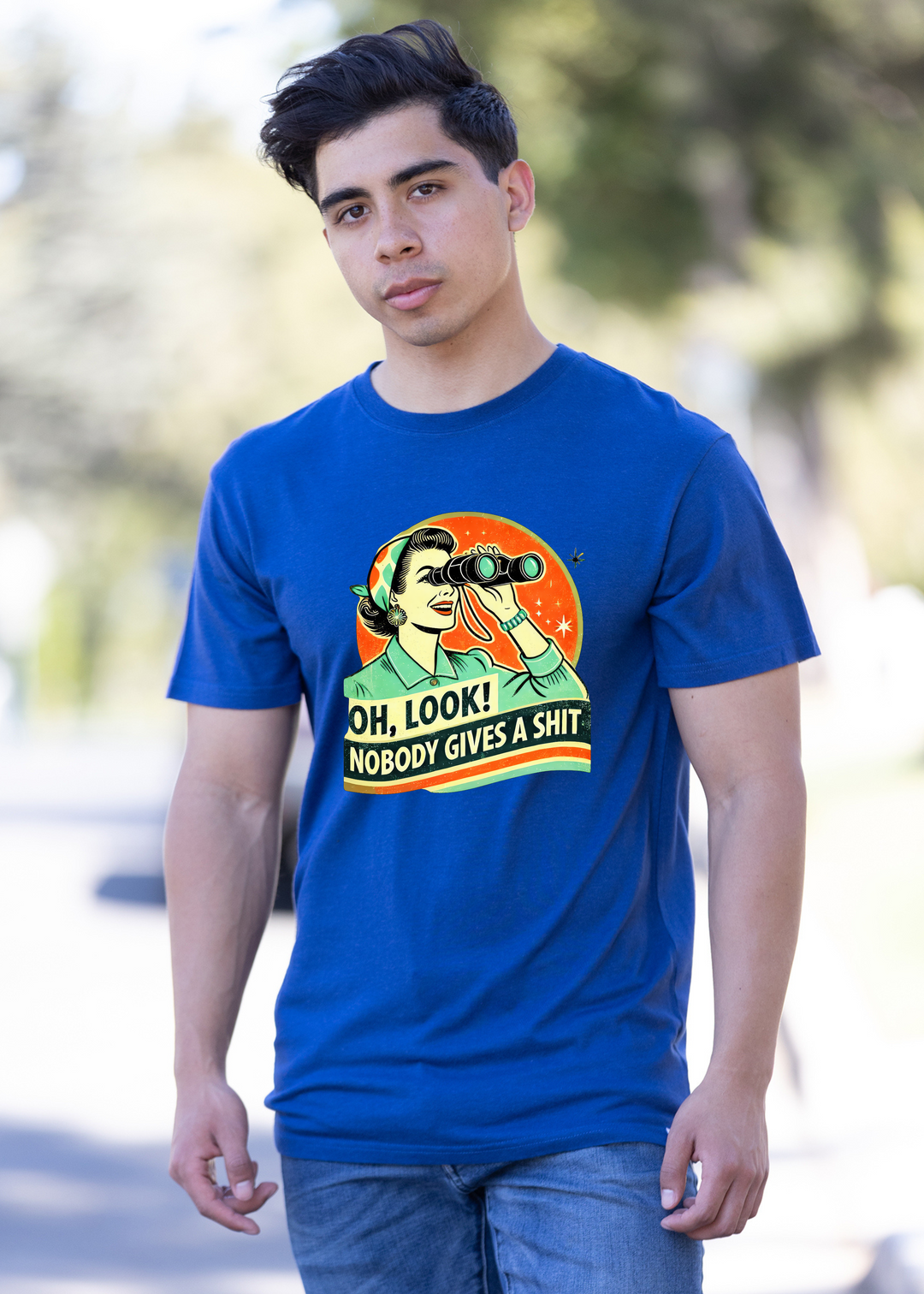 Unisex royal blue graphic T-shirt with retro woman telescope and “OH, LOOK!” slogan