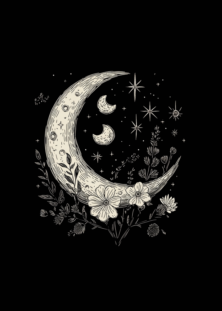 Black T-shirt with crescent moon, star details, and floral boho graphic