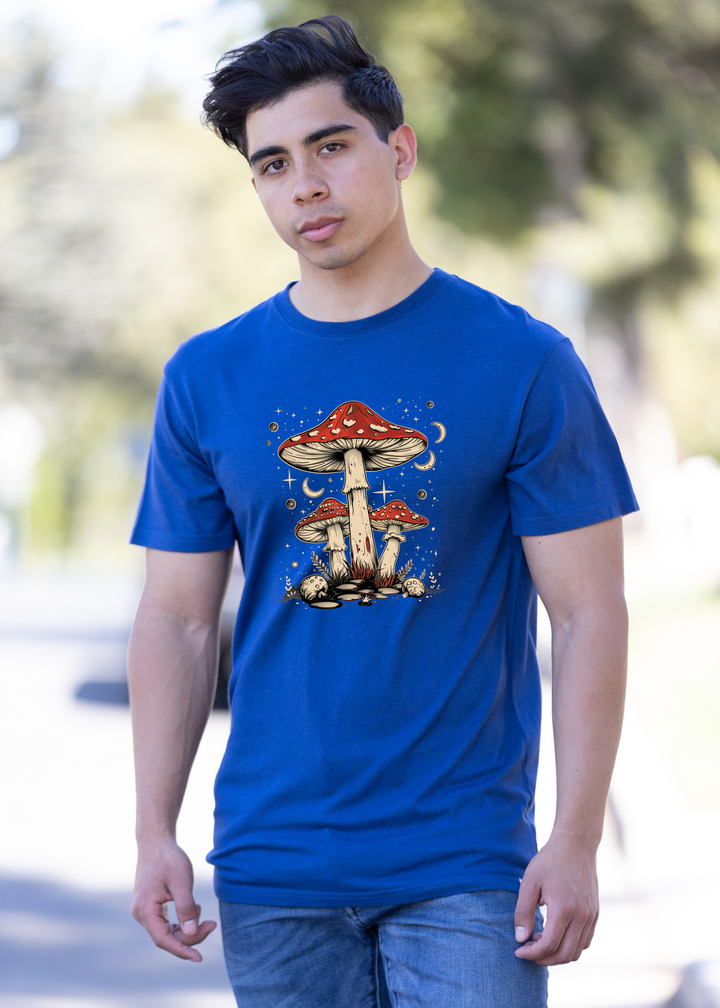 Royal blue unisex graphic t-shirt with red-capped mushroom illustration on chest