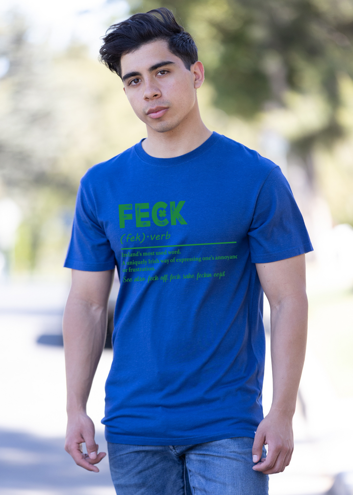 Bright blue graphic T-shirt with green "FECK" logo and definition text printed on front