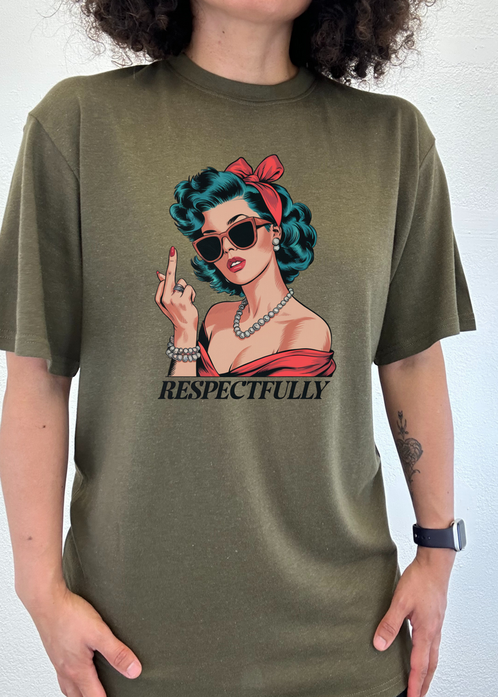 Unisex graphic T-shirt in olive green with illustrated woman and raised two-finger gesture