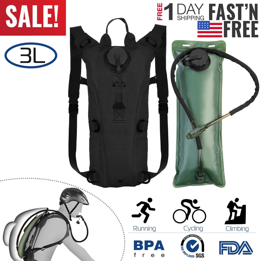 Black 3L hydration pack shown with adjustable straps and leakproof cap