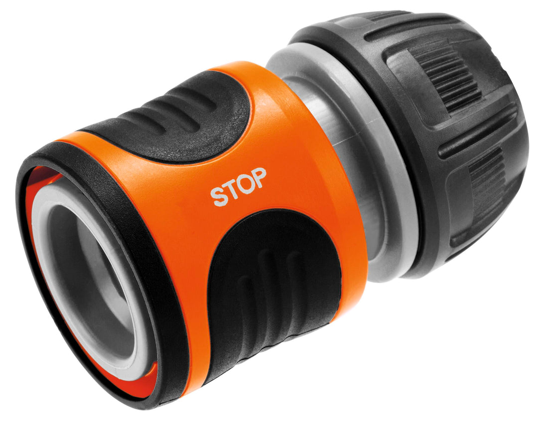 Orange and black hose water stop connector, 13–15 mm (1/2–5/8 in)