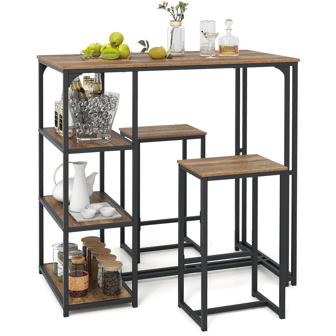 Bar table with lower storage shelves and two stools; rustic brown tops, dark steel frame