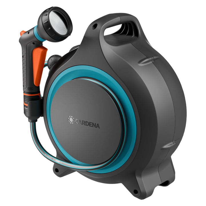 Portable hose reel with black housing and blue hose ring, includes spray hose connector