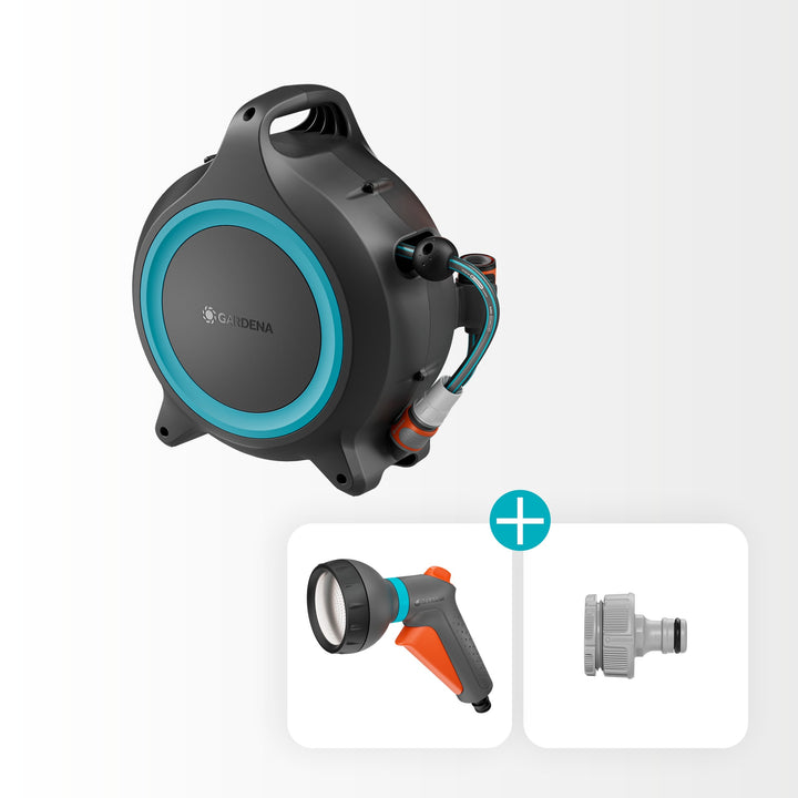 Portable hose reel with black body and blue hose ring, side view with hose outlet