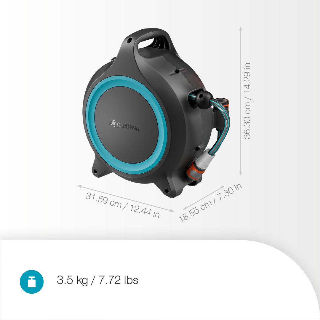 Portable hose reel with black-and-blue design, showing size and weight information