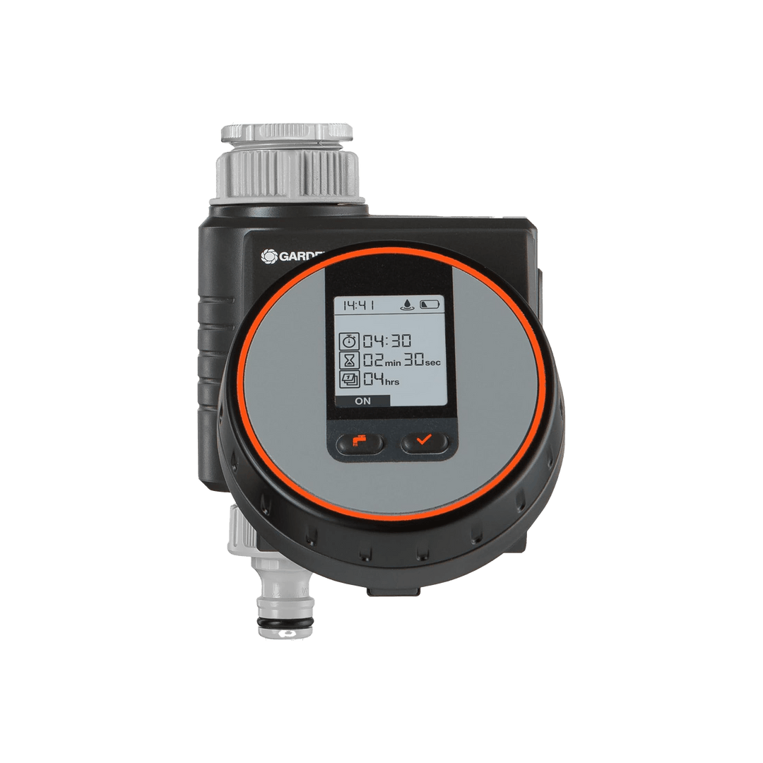 Outdoor balcony water timer with LCD display and orange control ring
