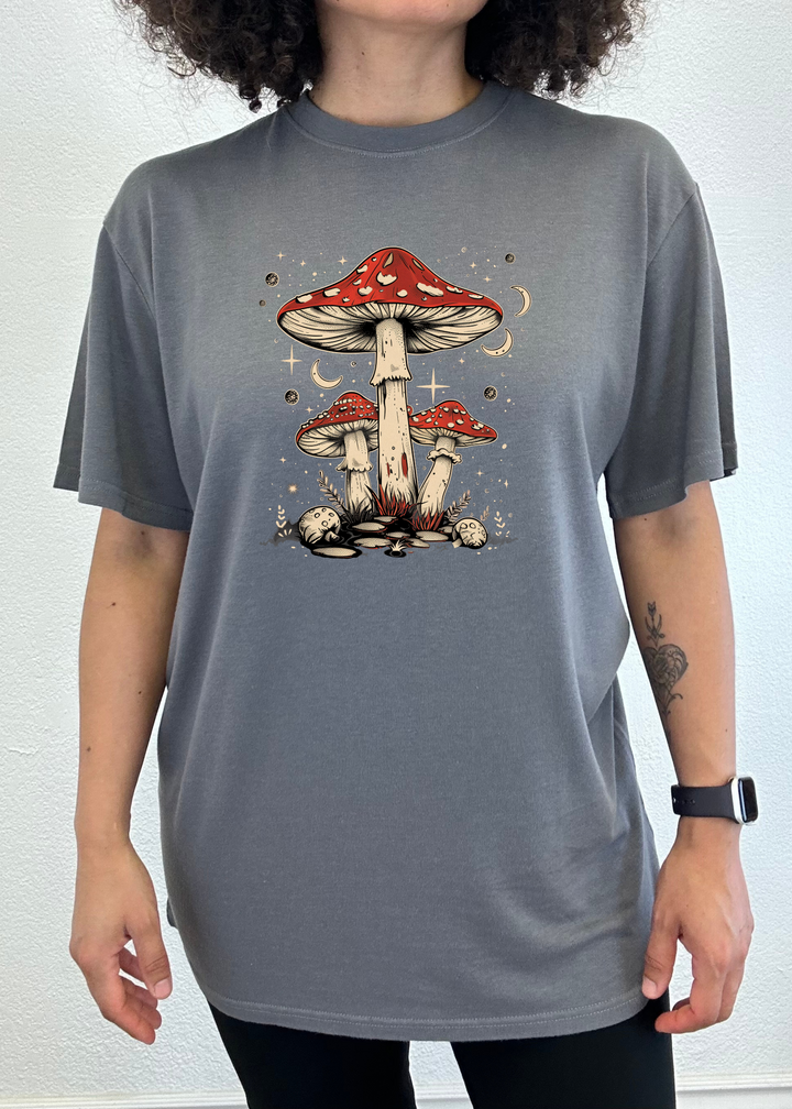 Charcoal gray unisex T-shirt with red-capped mushroom graphic on the chest