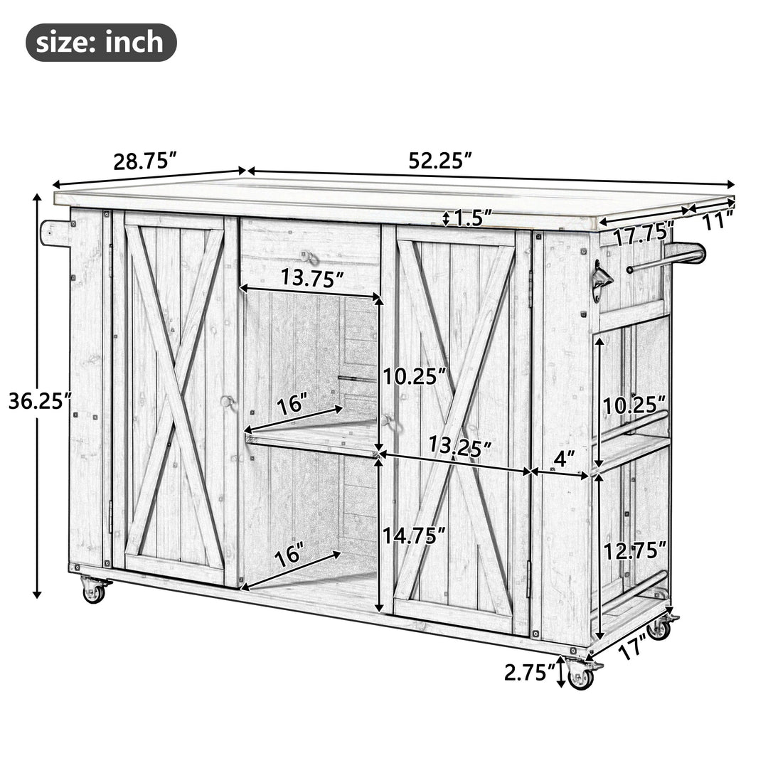 Fir Wood Kitchen Island with Stainless Steel Top