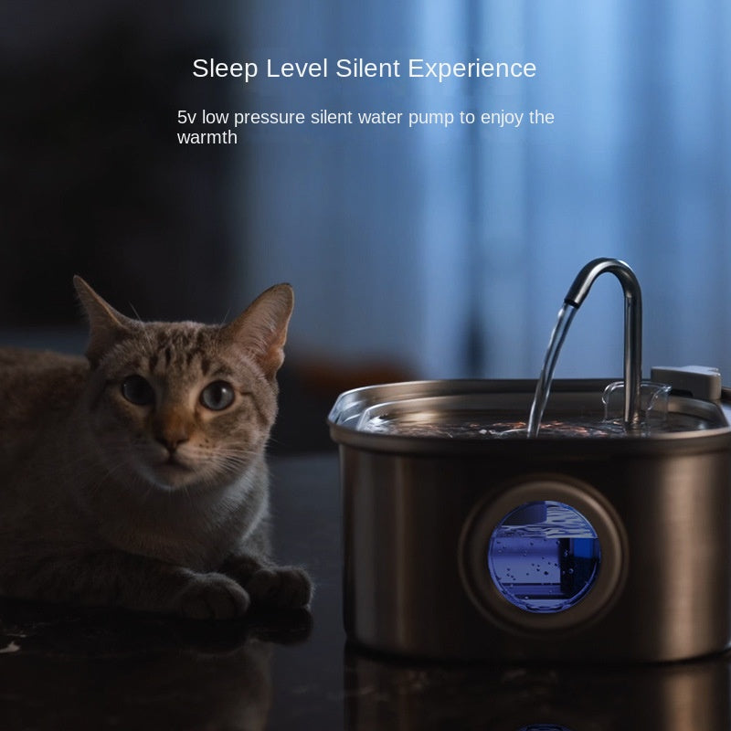 Stainless steel pet water dispenser with curved faucet and blue LED-lit indicator