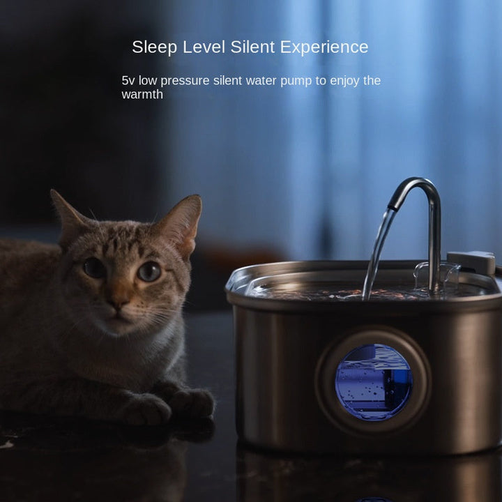 Stainless steel pet water dispenser with curved faucet and blue LED-lit indicator