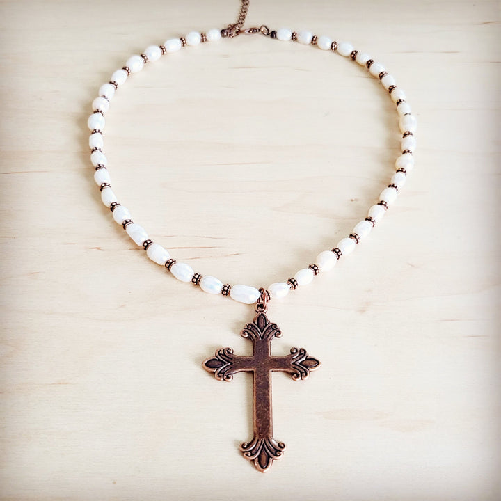 Pearl bead collar necklace with bronze cross pendant and small link chain