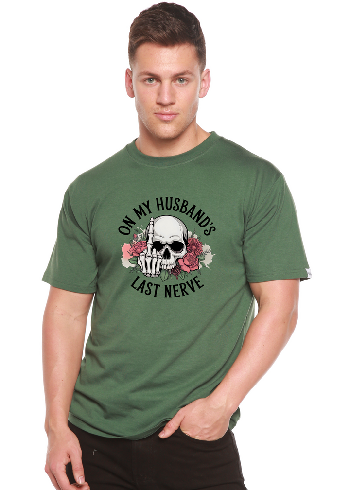 Dark green unisex graphic t-shirt with skull, roses, and &