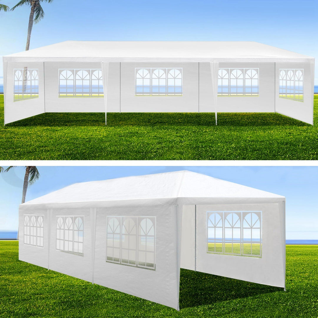 Outdoor canopy tent with windowed sidewalls, shown from front and side angles