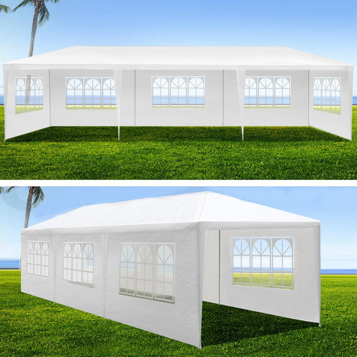 Outdoor canopy tent with windowed sidewalls, shown from front and side angles