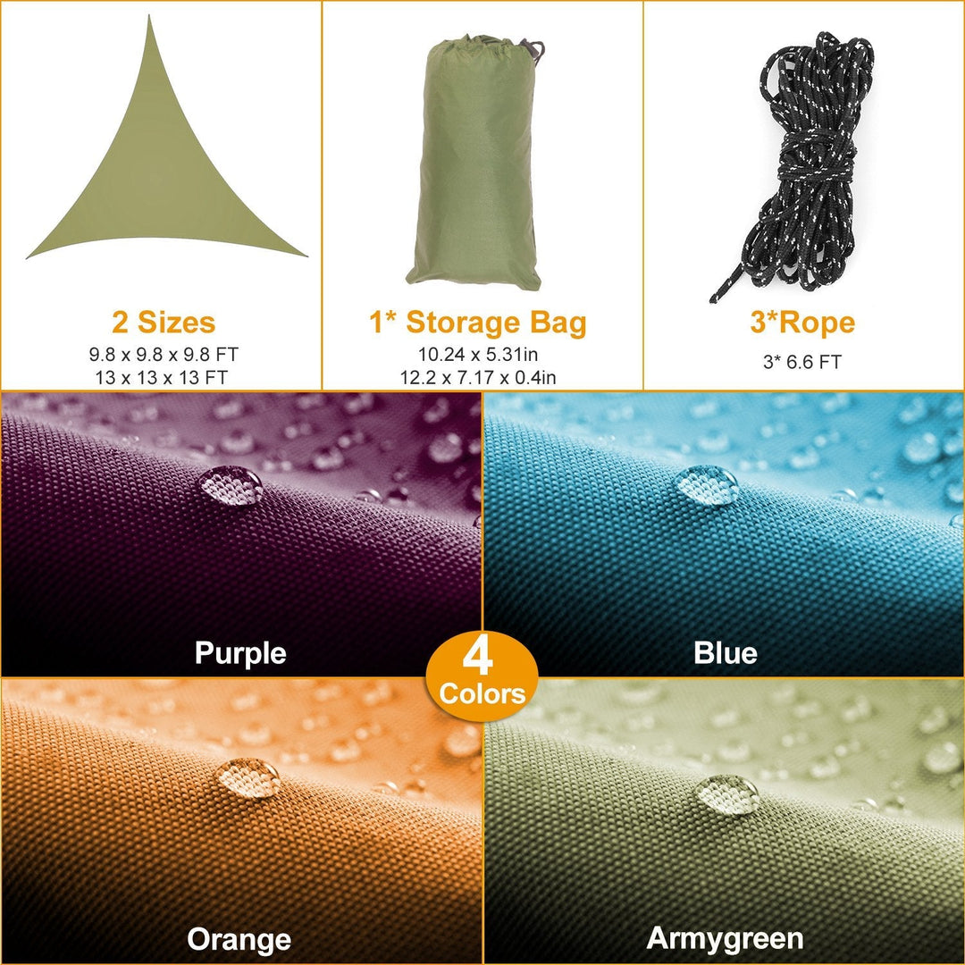 Triangular shade sail canopy with drawstring storage bag and rope