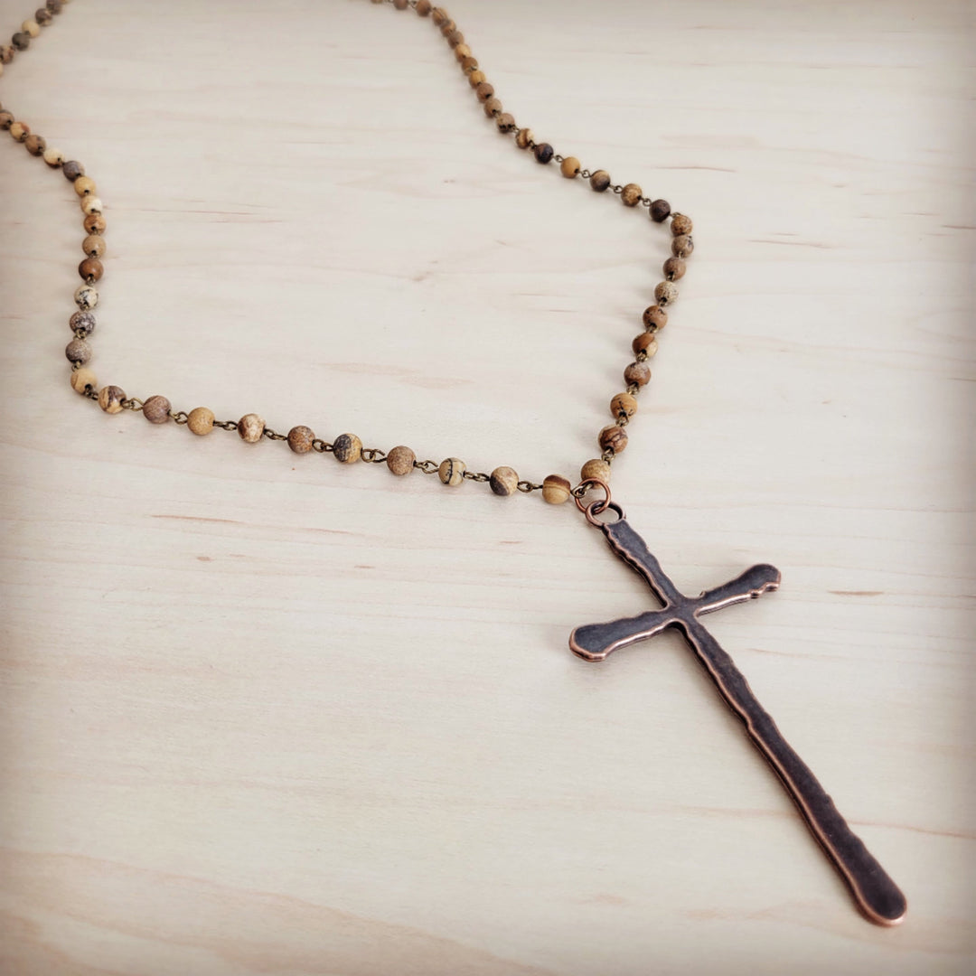 Long picture jasper beaded necklace with antique copper cross pendant