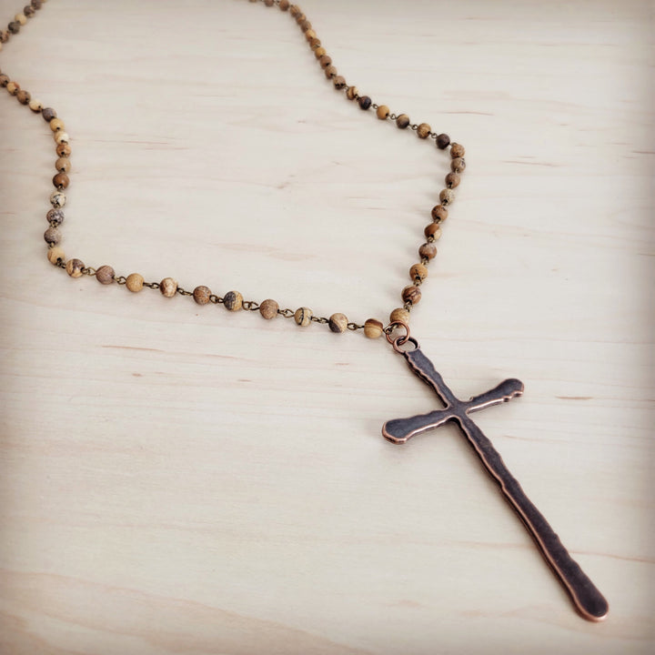 Long picture jasper beaded necklace with antique copper cross pendant