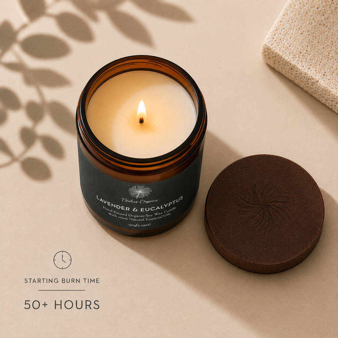 Lit lavender &amp; eucalyptus candle in amber glass jar with round brown lid