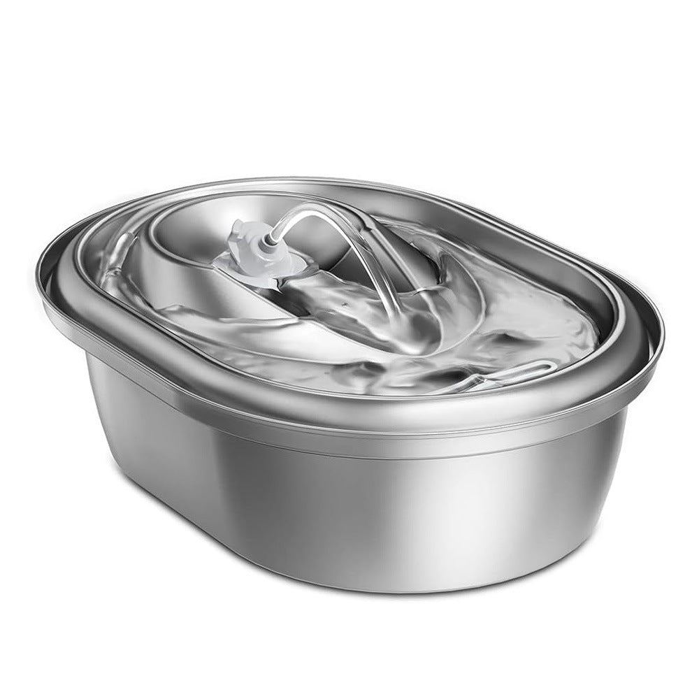 Stainless steel pet water dispenser with oval basin and integrated water fountain top