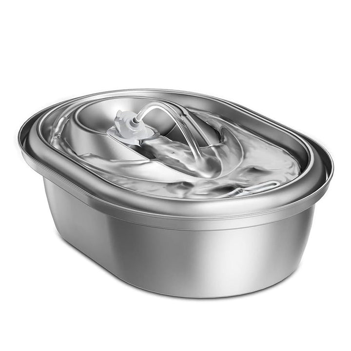 Stainless steel pet water dispenser with oval basin and integrated water fountain top