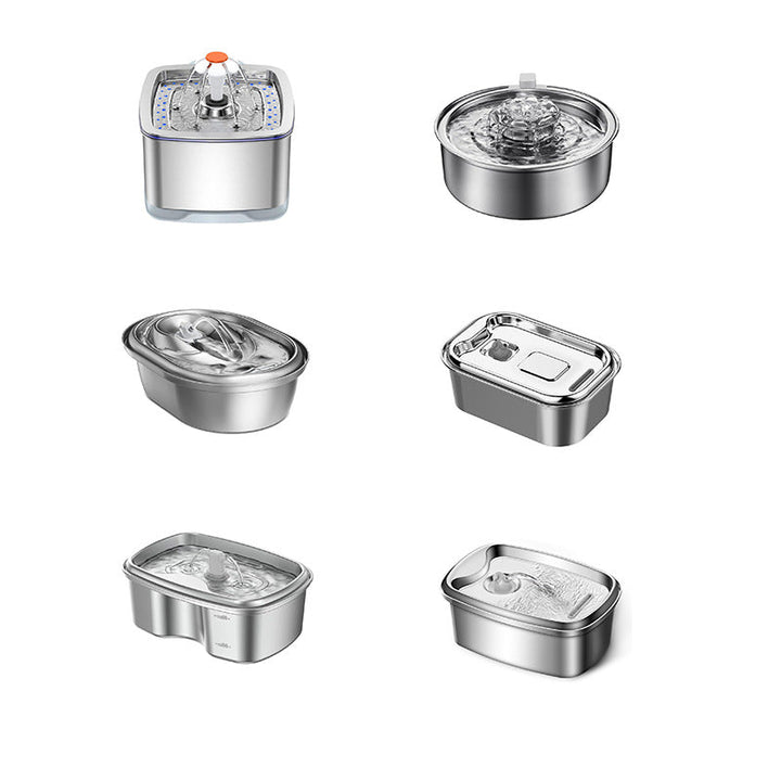 Stainless steel pet water dispenser cup with multiple lid and tank views