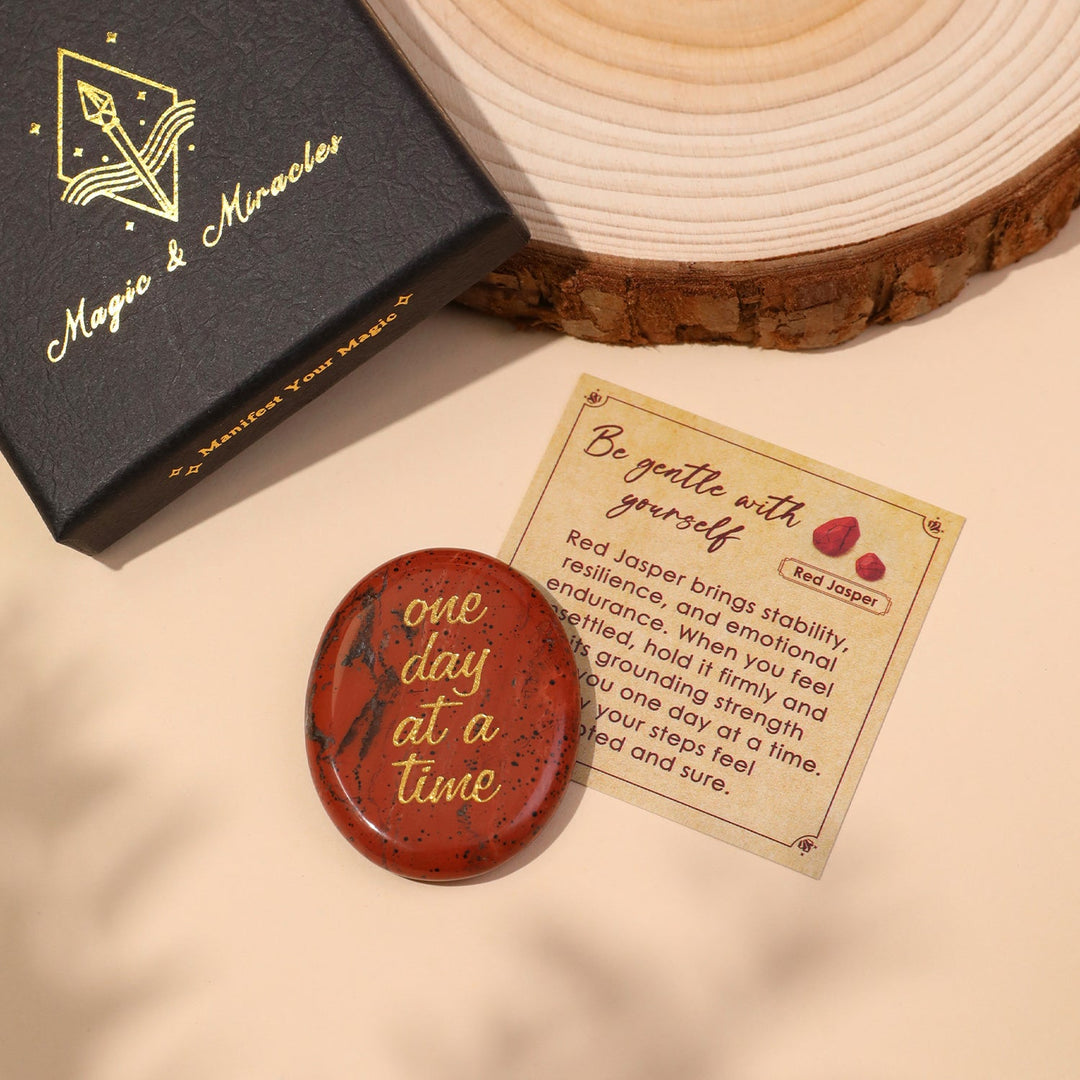 Red Jasper pocket crystal stone with “one day at a time” engraving